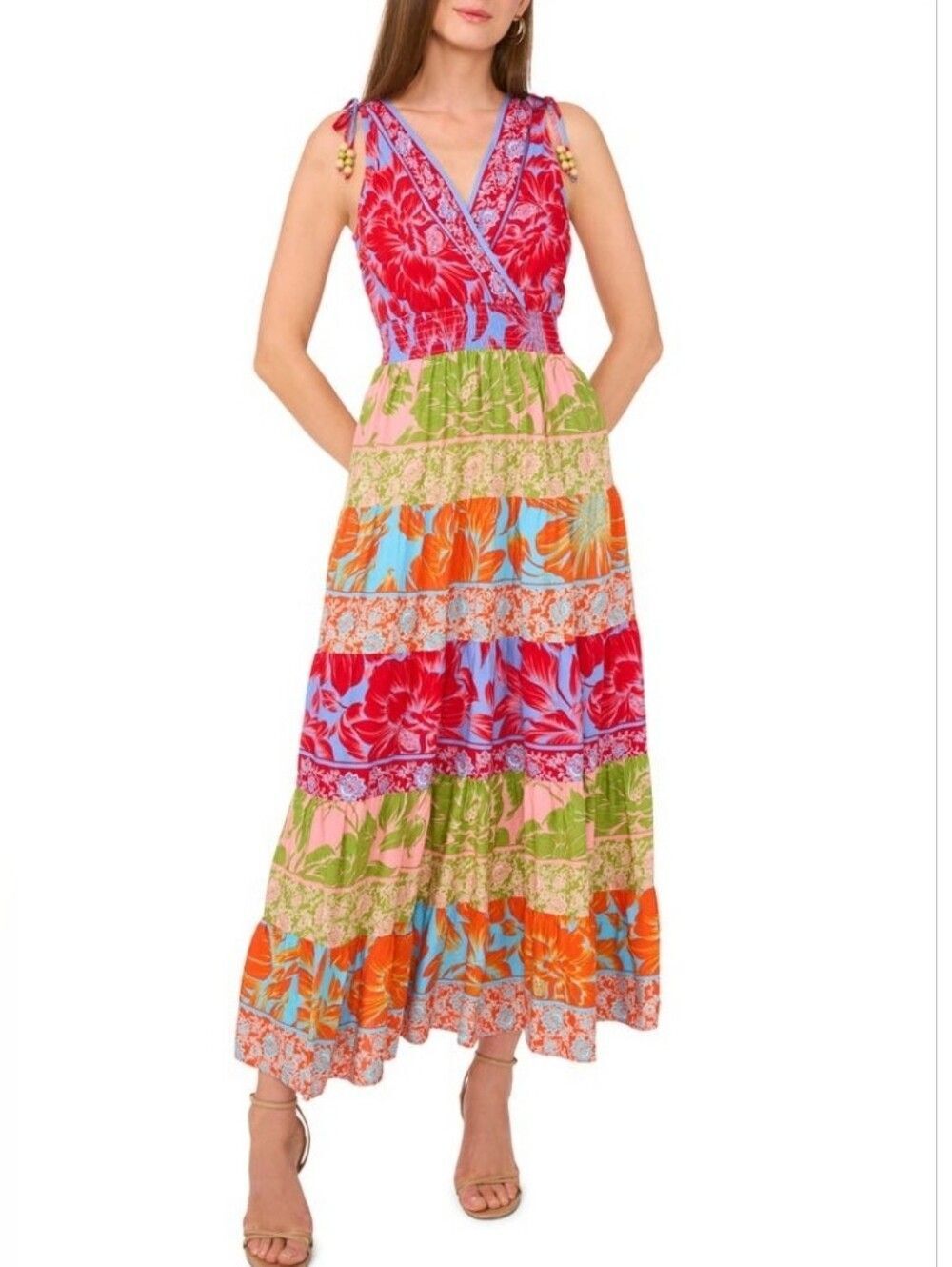 Sam & Jess Smocked Tiered Tropical Print Maxi Beaded Dress Size XL NWT